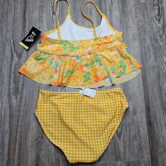 Girls Babydoll Floral Print Midkini Tankini Swimsuit Yellow NEW - Picture 2 of 3